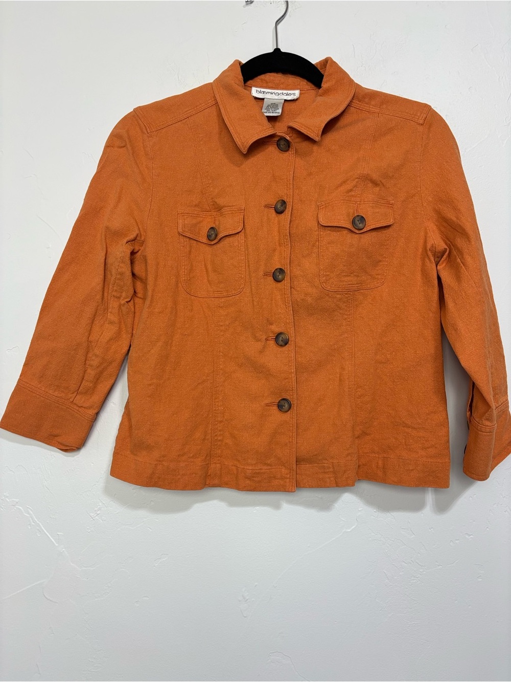 Bloomingdale's Women 12P Petite Orange Collared Button Jacket Pockets Linen